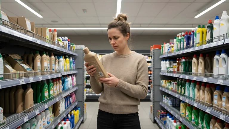 Schappen in een supermarkt met diverse verpakkingen en duurzaamheidskeurmerken