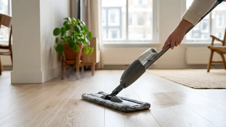 Persoon die een laminaatvloer streeploos dweilt met een sproeidweilsysteem