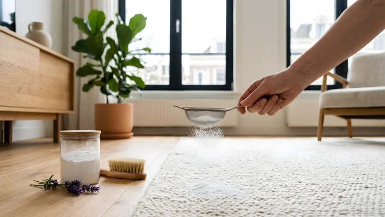 Wit baking soda poeder wordt gelijkmatig uitgestrooid over een wollen vloerkleed in een woonkamer