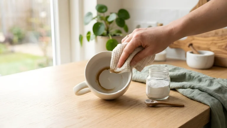 Witte keramische mok met hardnekkige theeaanslag schoongemaakt met baking soda