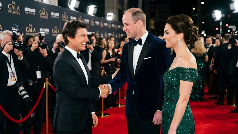 Tom Cruise begroet prins William en Kate op de rode loper bij de filmpremière van Digger
