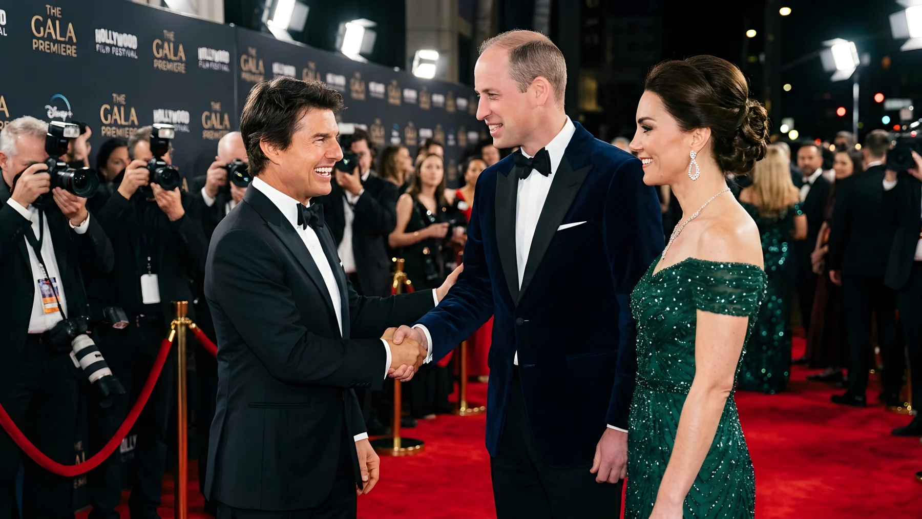 Tom Cruise begroet prins William en Kate op de rode loper bij de filmpremière van Digger