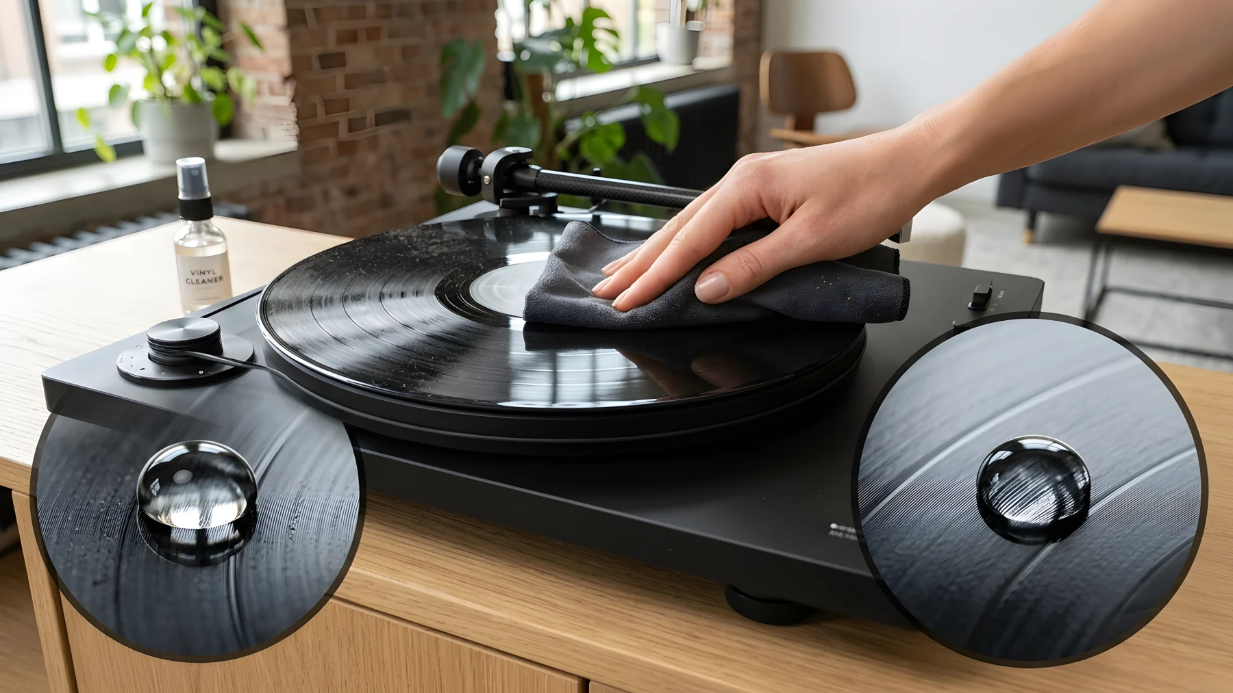 Een zwarte vinylplaat op een draaitafel die wordt gereinigd met een microvezeldoek