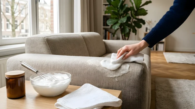 Een stoffen bank die zorgvuldig wordt gereinigd met een schone witte doek en zacht zeepsop