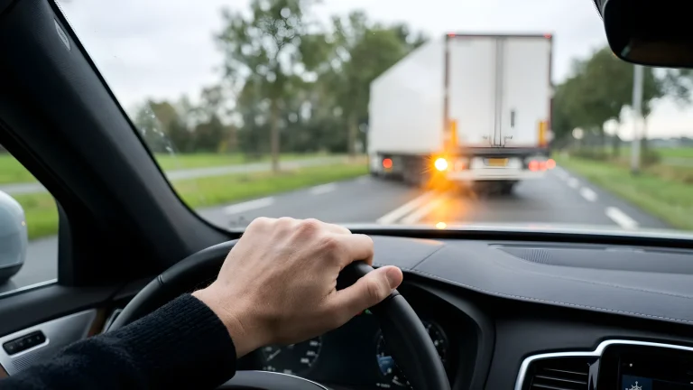 Vrachtwagen op de snelweg met knipperlicht aan