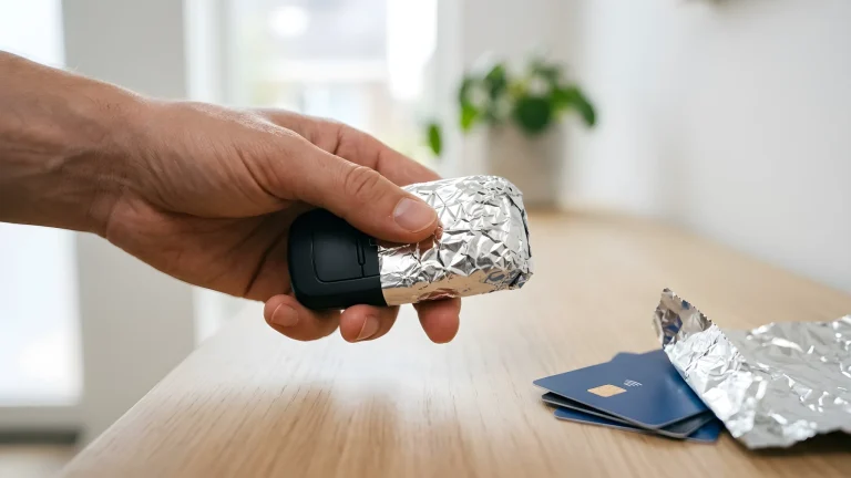 Autosleutel en bankpassen gewikkeld in aluminiumfolie tegen diefstal
