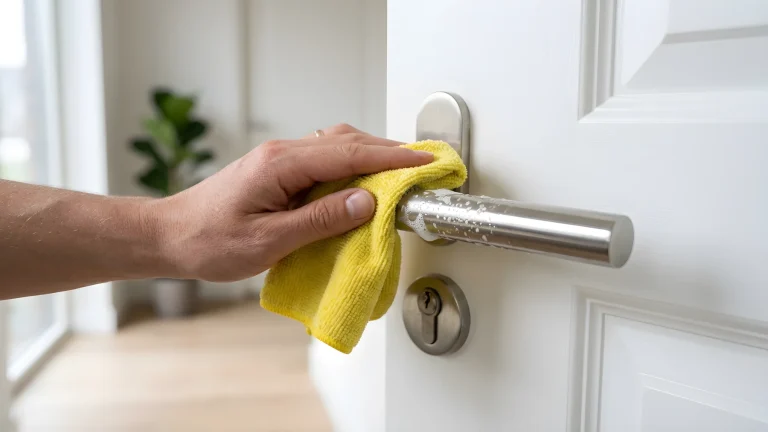 Iemand is de deurklinken aan het schoonmaken