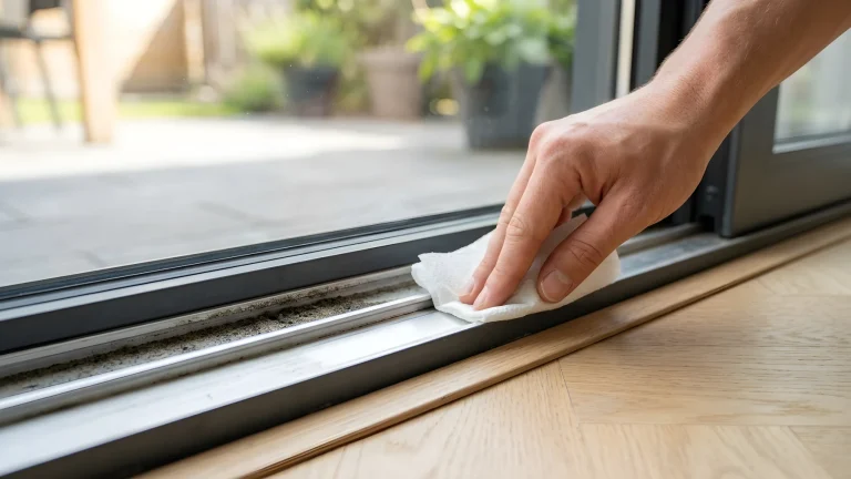 Toiletpapier in de rails van een raam om vuil op te vangen