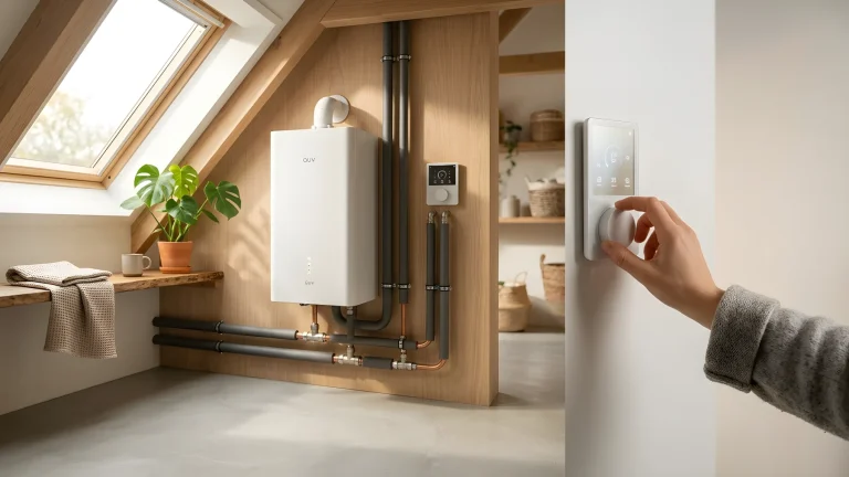 Moderne warmtepompboiler aangesloten op leidingen en omvormer in een technische ruimte