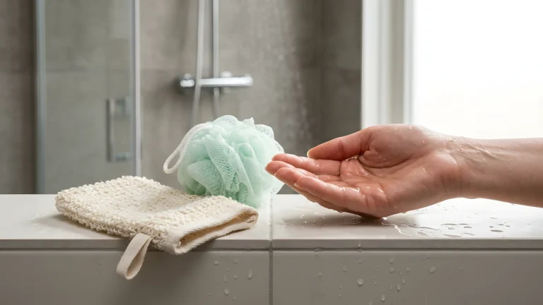 Stapel schone katoenen washandjes in een badkamer