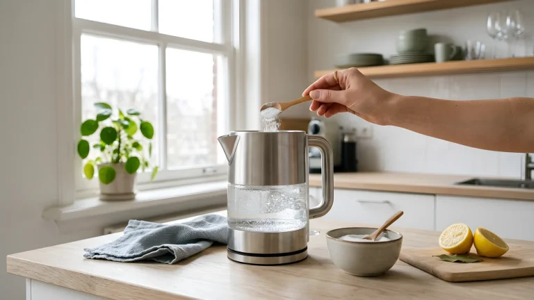 Glazen waterkoker met water en citroenzuur poeder tegen kalkaanslag
