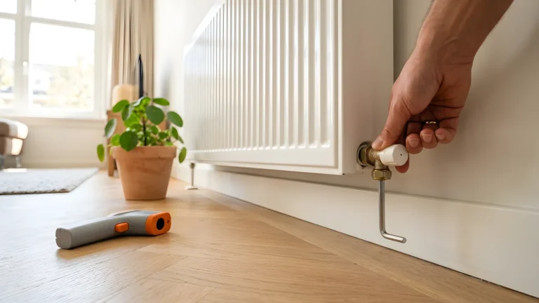 Cv-radiator en vloerverwarmingsverdeler die nauwkeurig worden ingeregeld met een inbussleutel en infraroodthermometer