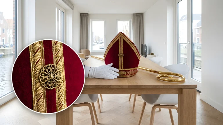 Sinterklaas met mijter en staf op een rijksmonumentale boot