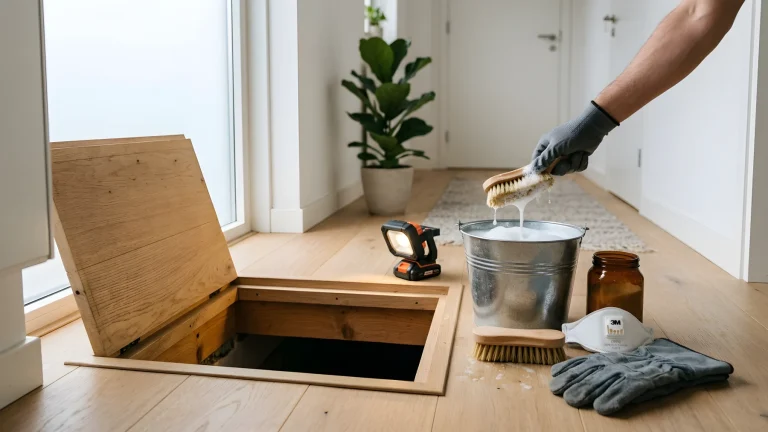 Witte schimmel op houten balken en muren in een donkere Nederlandse kruipruimte