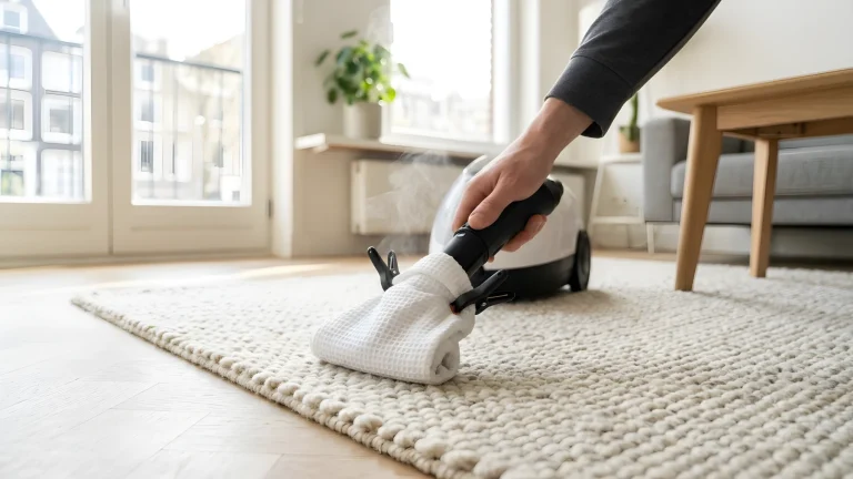 Stoomreiniger met beschermende doek over een wollen vloerkleed in de woonkamer