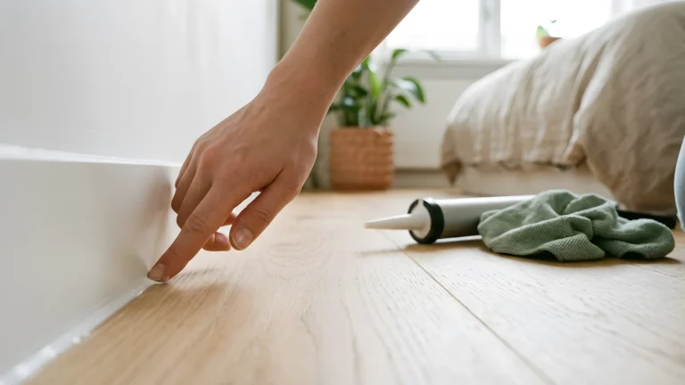 Plint in een slaapkamer die wordt afgekit om kieren af te sluiten