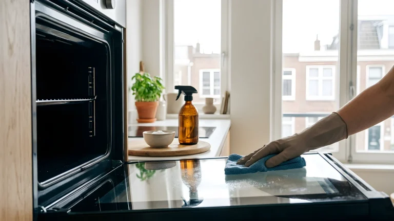 Een brandschone glazen ovendeur en ovenruimte schoongemaakt met baking soda en azijn