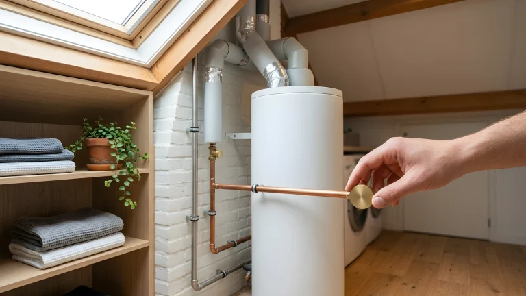 Moderne warmtepompboiler geïnstalleerd in een Nederlandse bijkeuken naast de wasmachine