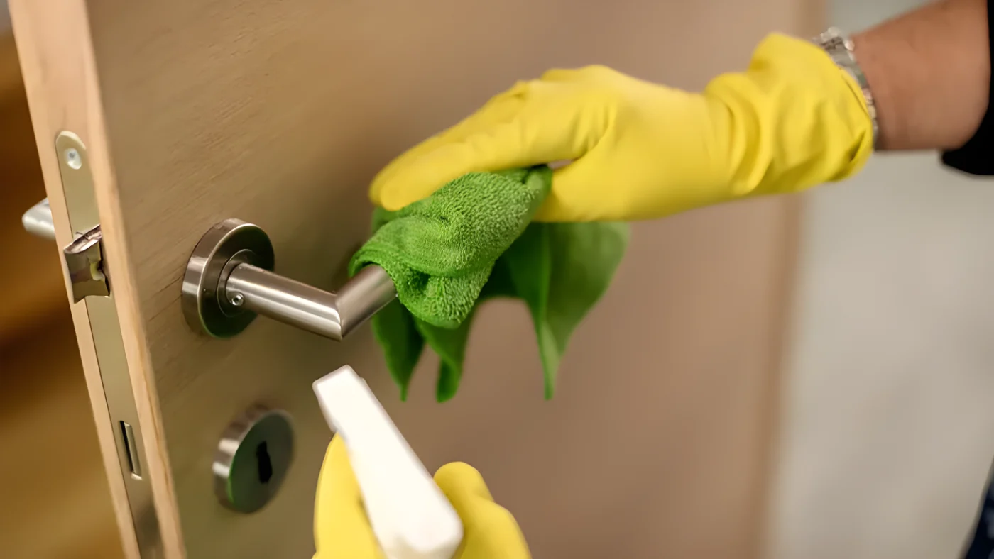 Iemand is de deurklinken aan het schoonmaken