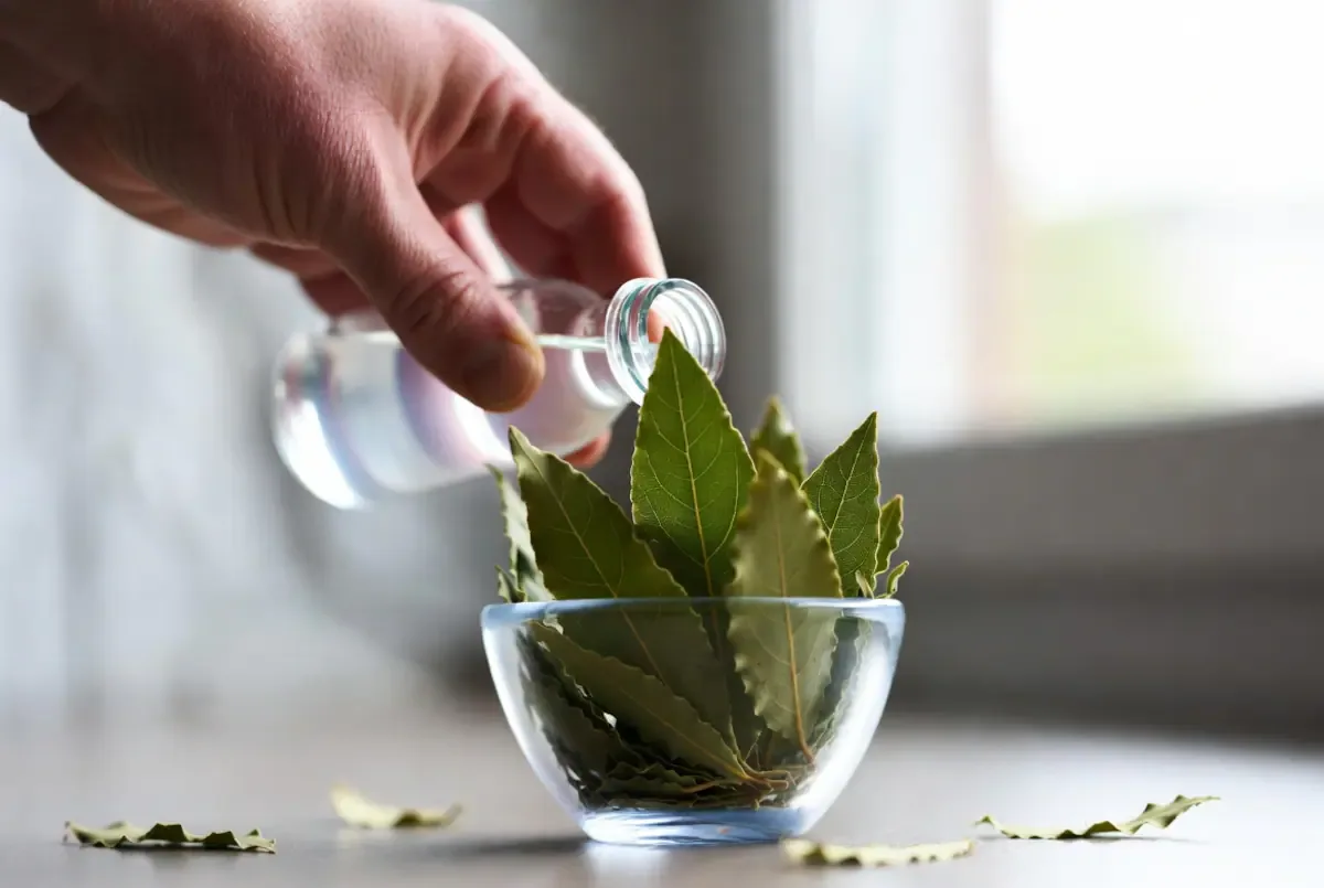 mezcla de vinagre blanco y hojas de laurel