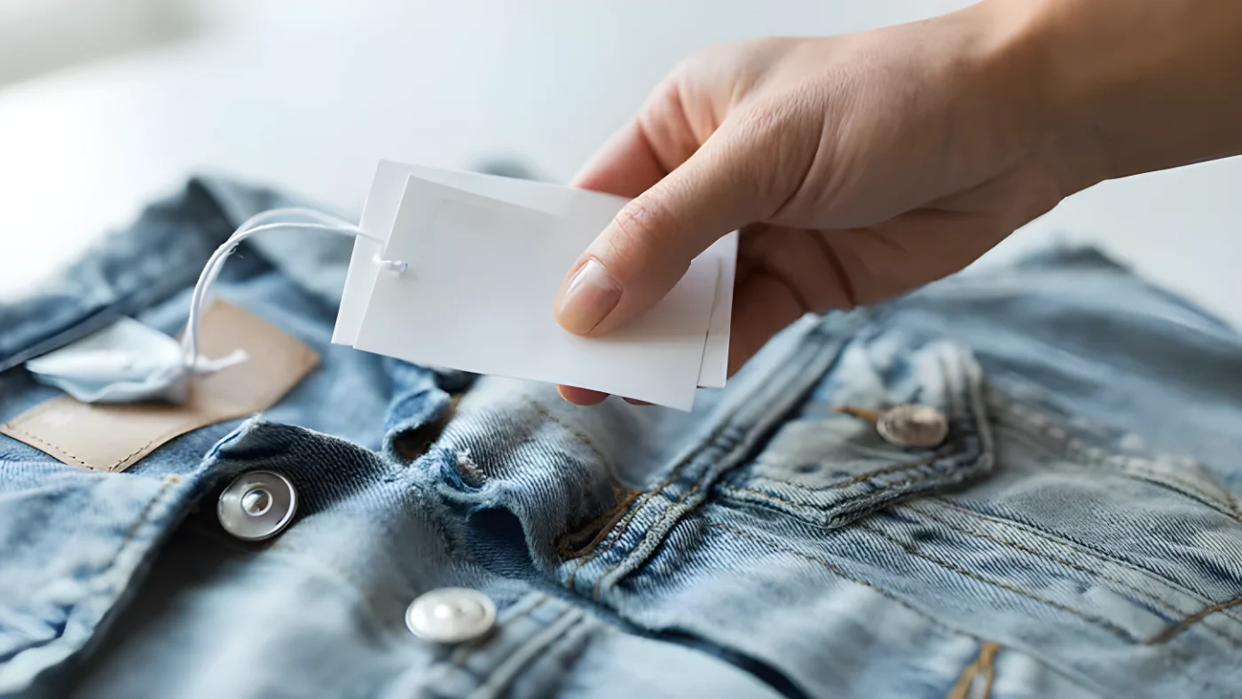 Persoon heeft kaartje van nieuw kledingstuk vast