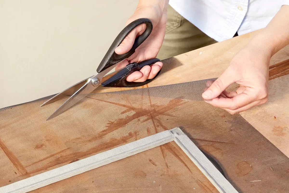Woman uses scissors to cut window screening to fit closer to window frame.